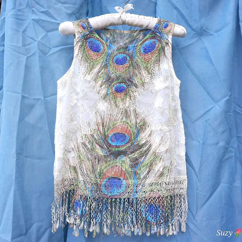 Sheer Sleevesless Blouse, Lace Fringe Hem